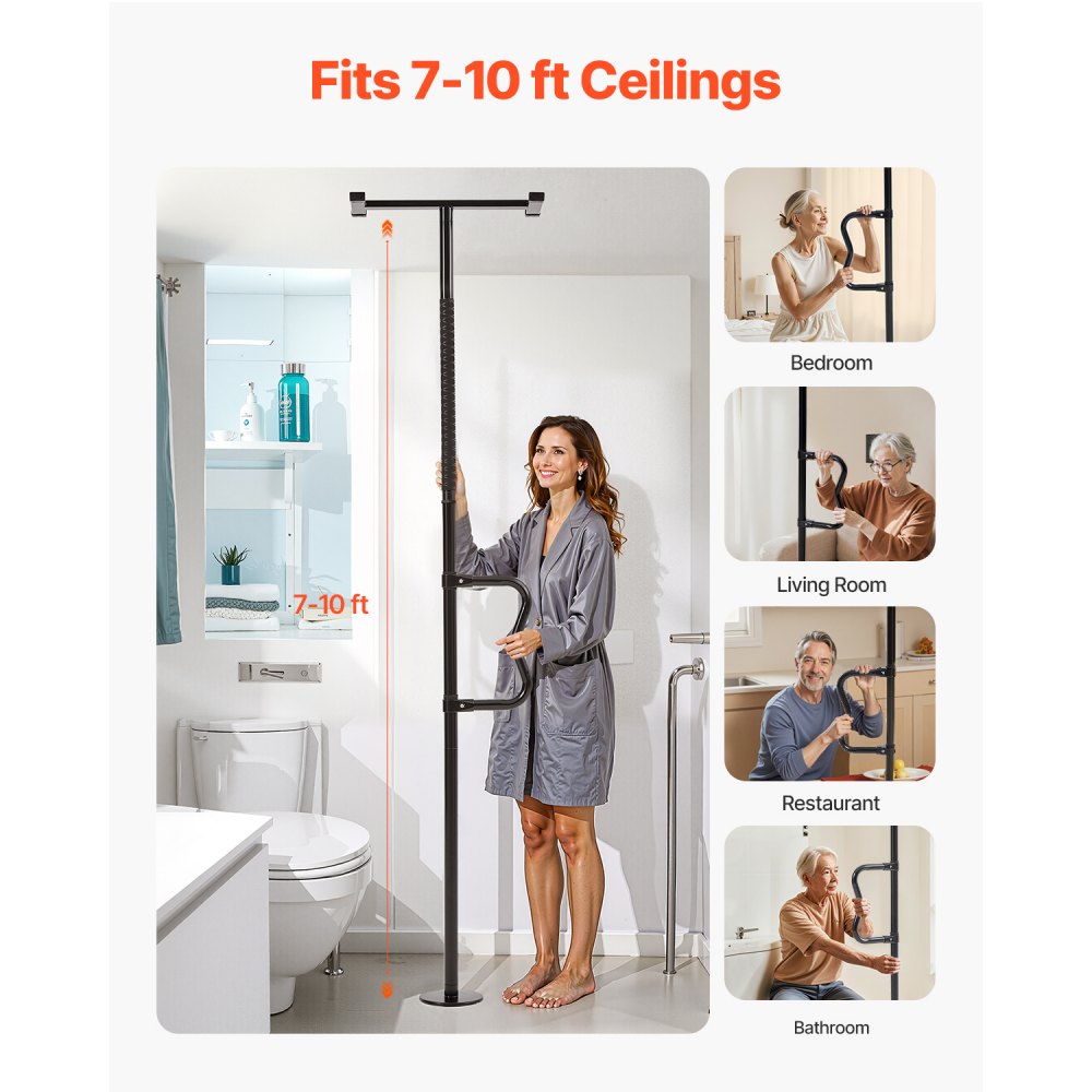 VEVOR Floor-to-Ceiling Transfer Pole, Tension Mounted Bathroom Grab Bar with Anti-Slip Curve Handle, 300 Lbs Capacity Security Pole for Elderly, Ideal Senior Safety Pole for 7-10 Ft Ceilings